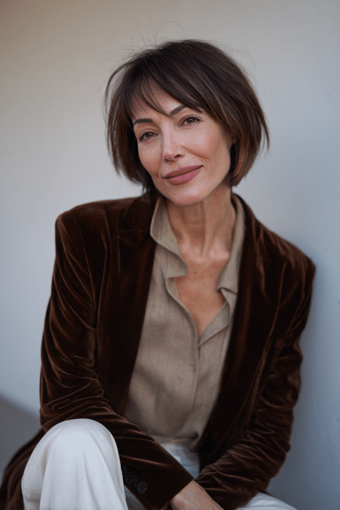 An elegant woman over 50 with a warm skin tone and dynamic expression, showcasing Halle Berry's asymmetric bob hairstyle for bob hairstyles for women over 50. The hair is an angled asymmetric bob with edge, colored rich ebony, styled with a velvet wrap dress. Captured in soft natural lighting with subtle makeup, set against an urban brick wall backdrop with minimal texture for an Instagram-style beauty photo.
