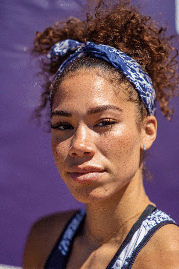 A vibrant female athlete in her 20s with short hair, styled in a headband with twist for a secure and stylish hold, captured in a close-up shot focusing on the hair, photographed against a seamless warm violet backdrop with a matte finish. She has subtle makeup, a volleyball uniform, a warm skin tone, and a confident expression, captured with bright natural lighting and a sporty vibe.