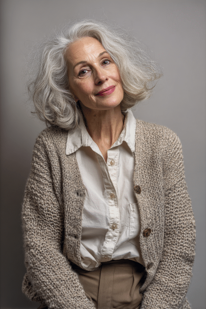 An elegant woman over 50 with a warm skin tone and vibrant expression, showcasing Helen Mirren's bouncy bob hairstyle for bob hairstyles for women over 50. The hair is a bouncy bob with curl, colored silver-streaked blonde, styled with a tweed jacket. Captured in soft natural lighting with subtle makeup, set against a soft gray fabric backdrop with minimal texture for an Instagram-style beauty photo.