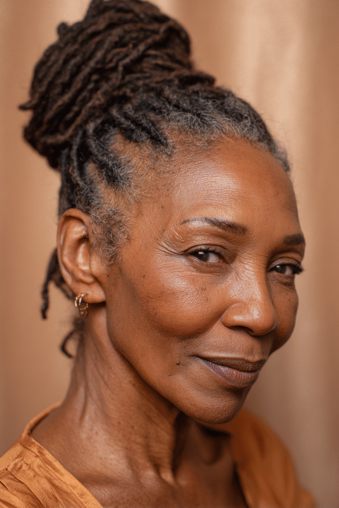 An elegant Black woman over 50 with a warm skin tone and friendly expression, showcasing high braided bun hairstyle for older Black women over 50. The hair is natural black, set against a textured plaster backdrop with minimal texture. She wears subtle makeup and an elegant outfit suitable for mature women, captured in soft natural lighting for an Instagram-style beauty photo.