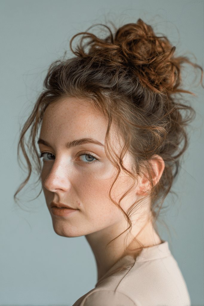 A stunning young female model in her 20s with natural skin tone, showcasing a messy bun hairstyle for wedding with a high messy bun with loose curls, featuring cascading curls for added charm, captured in a close-up shot focusing on the hair, photographed against a seamless light blush backdrop with a smooth texture. She has subtle wedding makeup, an elegant full-sleeve wedding gown, realistic hair texture, warm skin tone, and a serene expression, captured with soft natural lighting and an Instagram-style beauty vibe.
