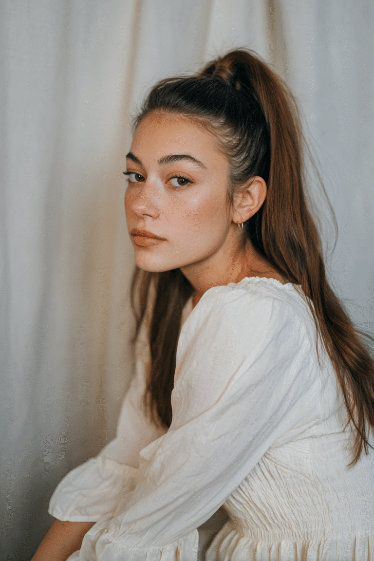 A gorgeous young woman with a natural look featuring a sleek high ponytail in a soft sandy blonde shade, wearing an elegant full-length dress with chiffon long sleeves, radiant expression, warm skin tone, against a seamless soft linen backdrop with a matte finish.