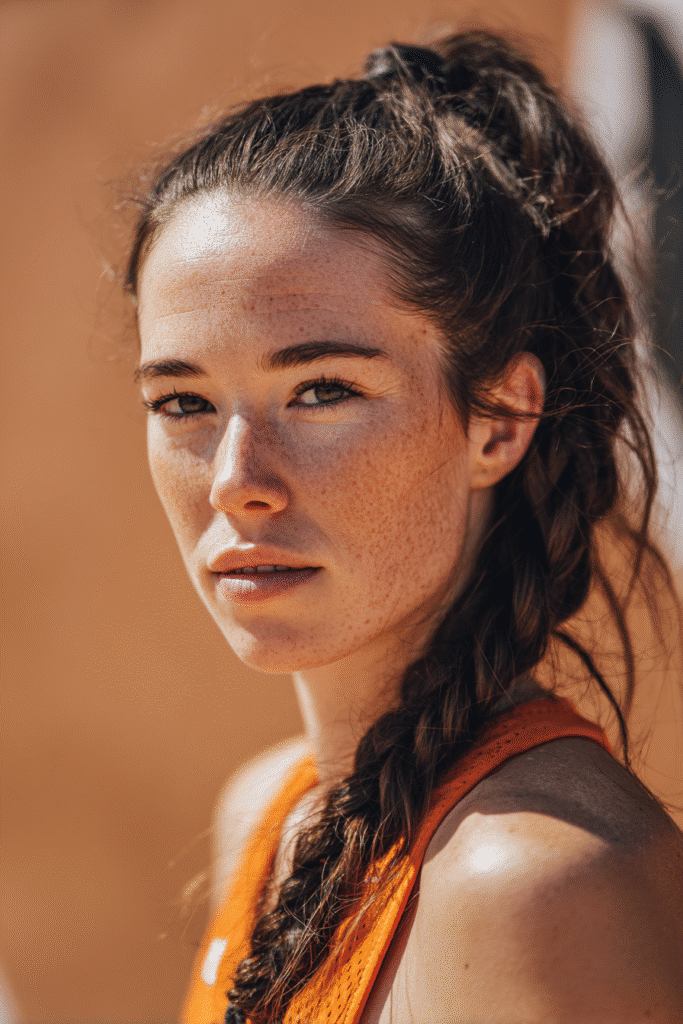 A vibrant female athlete in her 20s with shoulder-to-waist-length hair, styled in a high ponytail secured with a side braid for added stability, captured in a close-up shot focusing on the hair, photographed against a seamless warm amber backdrop with a matte finish. She has subtle makeup, a volleyball uniform, a warm skin tone, and a confident expression, captured with bright natural lighting and a sporty vibe.