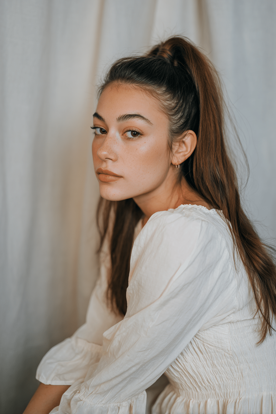 A gorgeous young woman with a natural look featuring a sleek high ponytail in a soft sandy blonde shade, wearing an elegant full-length dress with chiffon long sleeves, radiant expression, warm skin tone, against a seamless soft linen backdrop with a matte finish.