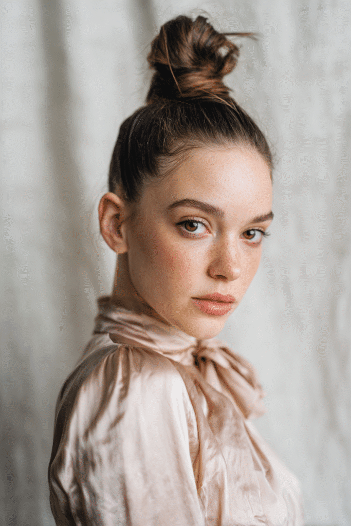 A gorgeous young woman with a natural look showcasing a sleek high top knot in a light ash brown shade, wearing an elegant full-length dress with satin long sleeves, radiant expression, warm skin tone, against a seamless soft linen backdrop with a matte finish.