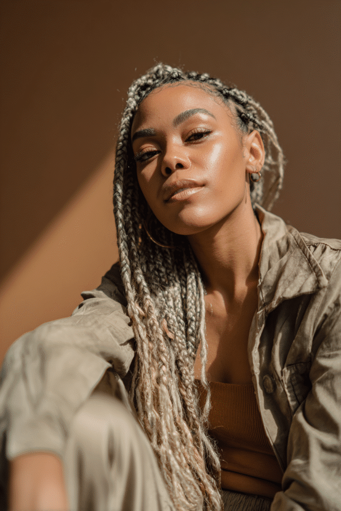 A vibrant female model in her 20s with shoulder-to-waist-length highlighted quick weave hair, styled with subtle blonde streaks, captured in a close-up shot focusing on the hair, photographed against a seamless warm mocha backdrop with a satin finish. She has subtle makeup, a trendy outfit, a warm skin tone, and a confident expression, captured with warm natural lighting and a soft glow.