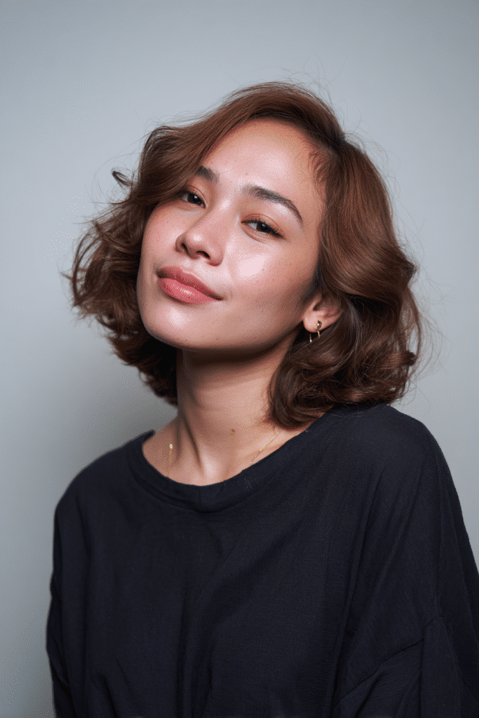 A gorgeous young female model in her 20s with natural skin tone, showcasing a prom hairstyle for short hair with Hollywood waves, featuring glamorous S-shaped curls, captured in a close-up shot focusing on the hair, photographed against a seamless soft navy backdrop with glossy sheen. She has subtle makeup, an elegant full-shirt prom dress, realistic hair texture, warm skin tone, and a friendly expression, captured with soft natural lighting and an Instagram-style beauty vibe.