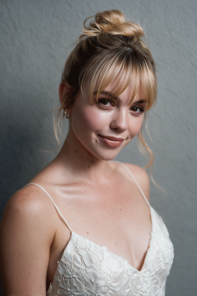 A gorgeous young American bride with a warm skin tone and friendly expression, showcasing Hollywood waves with tucked bangs wedding hairstyle. The hair features vintage Hollywood waves with neatly tucked bangs, colored golden blonde, styled elegantly. She is dressed in an elegant bridal gown, captured in soft natural lighting with subtle makeup, set against a soft gray fabric backdrop with minimal texture for an Instagram-style beauty photo.