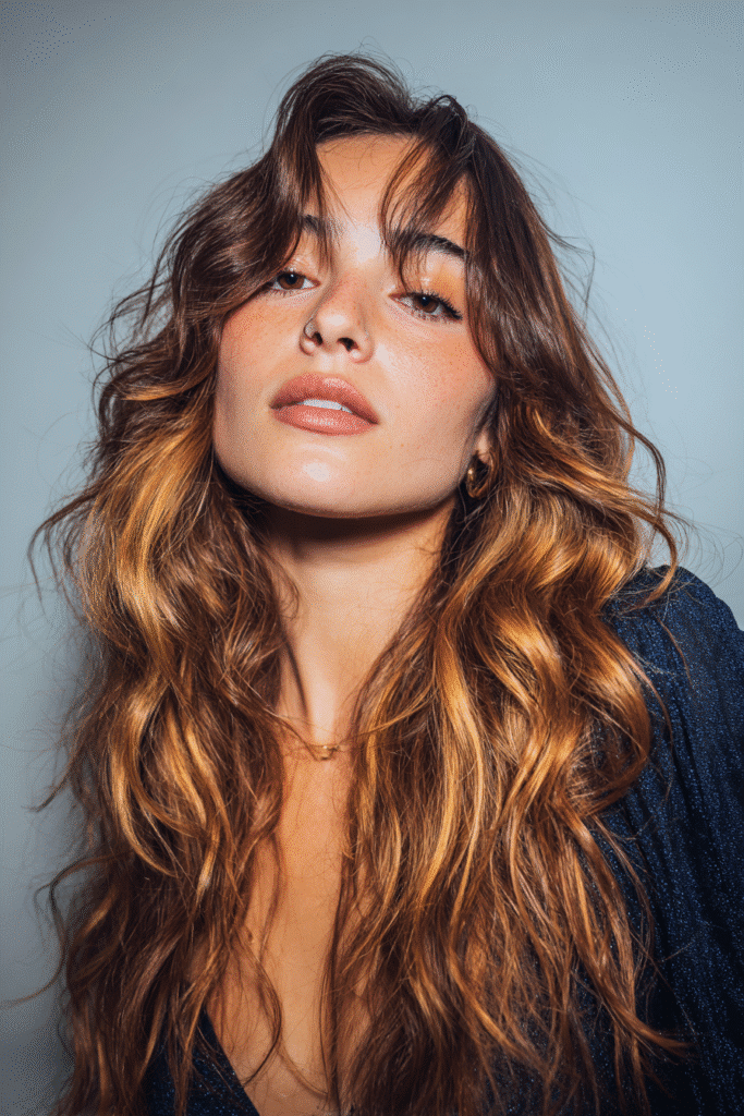 A vibrant female model in her 20s with shoulder-to-waist-length hair, styled in a honey-toned balayage with golden highlights, captured in a close-up shot focusing on the hair, photographed against a seamless soft navy backdrop with a glossy sheen. She has subtle makeup, a trendy outfit, a warm skin tone, and a confident expression, captured with warm natural lighting and a soft glow.