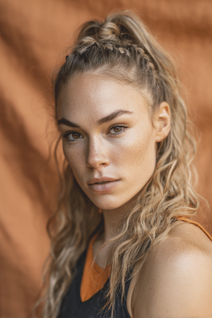 A vibrant female athlete in her 20s with shoulder-to-waist-length hair, styled in an infinity waterfall braid updo with a flowing design, captured in a close-up shot focusing on the hair, photographed against a seamless warm cinnamon backdrop with a silky finish. She has subtle makeup, a volleyball uniform, a warm skin tone, and a confident expression, captured with bright natural lighting and a sporty vibe.
