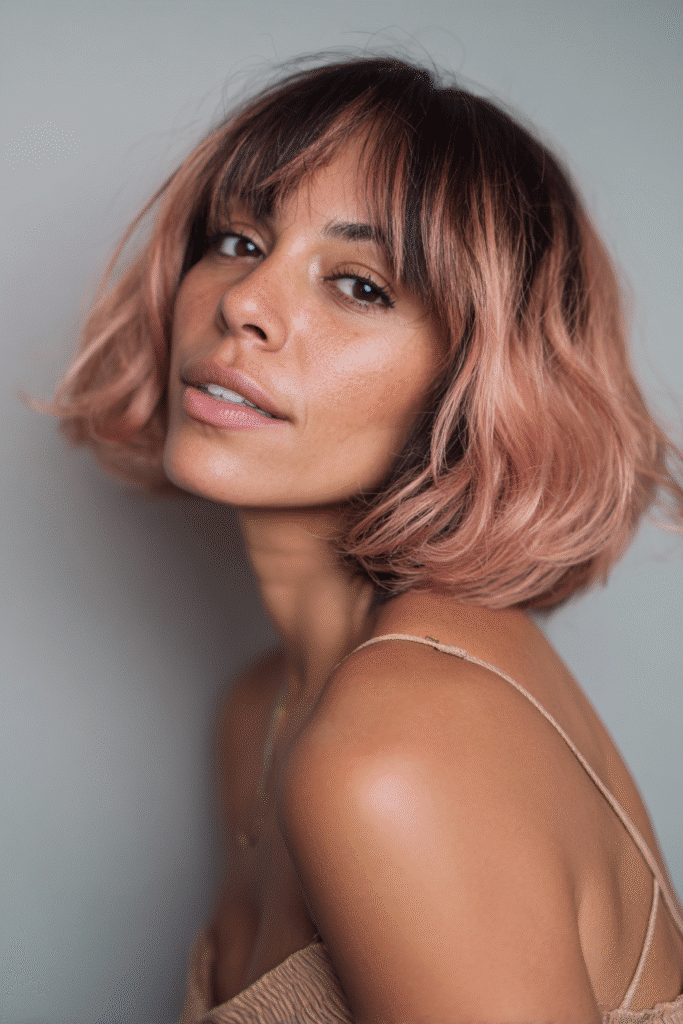 A vibrant American female model with thin hair, showcasing a Bob Cut For Thin Hair with an inverted bob and dark roots and rose gold for a trendy contrast, captured in a close-up shot focusing on the hair, photographed against a seamless light gray backdrop with a smooth surface. She has subtle makeup, an elegant outfit, realistic hair texture, warm skin tone, and a friendly expression, captured with soft natural lighting and an Instagram-style beauty vibe.