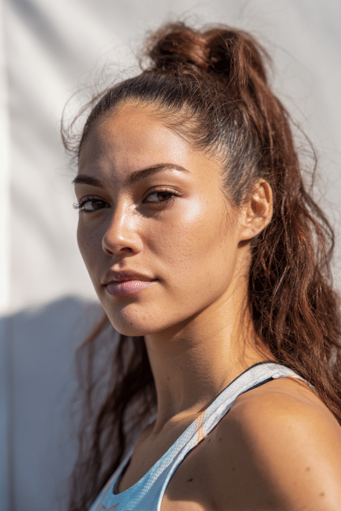 A vibrant female athlete in her 20s with shoulder-to-waist-length hair, styled in an inverted lace braid with a high bun for secure movement, captured in a close-up shot focusing on the hair, photographed against a seamless soft ivory backdrop with a satin finish. She has subtle makeup, a volleyball uniform, a warm skin tone, and a confident expression, captured with bright natural lighting and a sporty vibe.