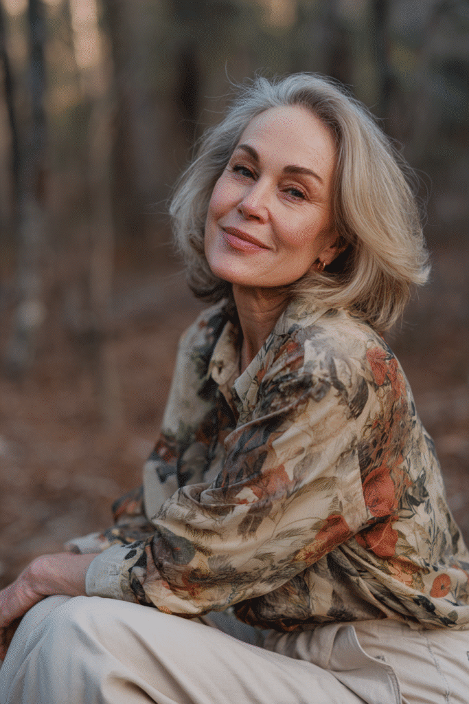 An elegant woman over 50 with a warm skin tone and energetic expression, showcasing Jane Fonda's layered bob hairstyle for bob hairstyles for women over 50. The hair is a feathered layered bob, colored platinum, styled with a chiffon blouse. Captured in soft natural lighting with subtle makeup, set against a natural forest scene backdrop with minimal texture for an Instagram-style beauty photo.