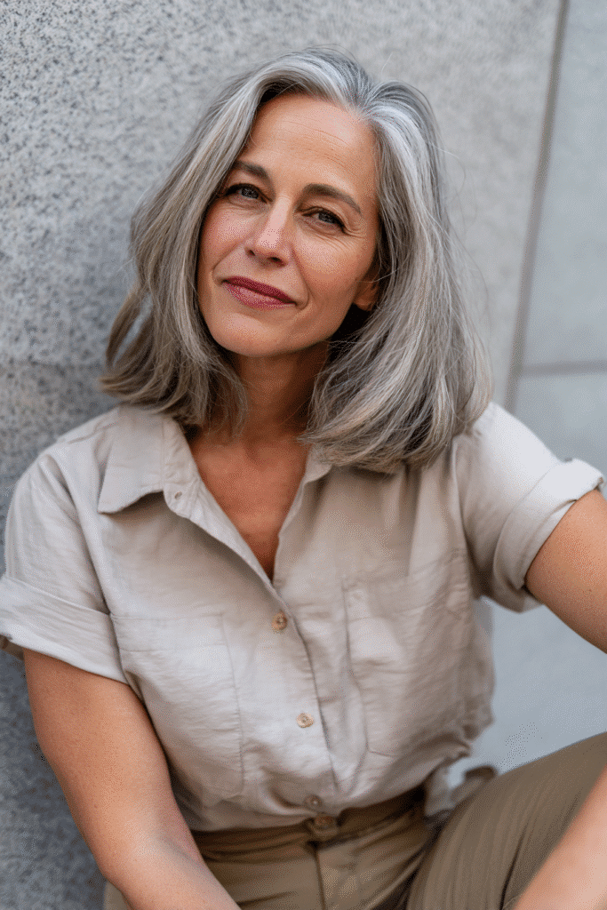 An elegant woman over 50 with a warm skin tone and warm expression, showcasing Jennifer Aniston's layered blunt bob hairstyle for bob hairstyles for women over 50. The hair is a layered blunt bob with face-framing, colored honey highlights, styled with a linen button-down shirt. Captured in soft natural lighting with subtle makeup, set against a textured plaster backdrop with minimal texture for an Instagram-style beauty photo.