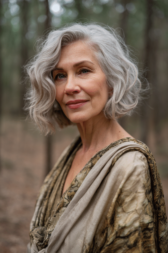 An elegant woman over 50 with a warm skin tone and timeless expression, showcasing Jessica Lange's wavy bob hairstyle for bob hairstyles for women over 50. The hair is a vintage wavy bob, colored golden blonde, styled with a floral print blouse. Captured in soft natural lighting with subtle makeup, set against a natural forest scene backdrop with minimal texture for an Instagram-style beauty photo.
