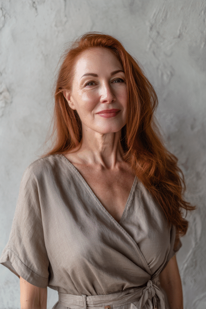 An elegant woman over 50 with a warm skin tone and thoughtful expression, showcasing Julianne Moore's long bob hairstyle for bob hairstyles for women over 50. The hair is an elongated lob with straight ends, colored fiery red, styled with an embroidered tunic. Captured in soft natural lighting with subtle makeup, set against a textured plaster backdrop with minimal texture for an Instagram-style beauty photo.