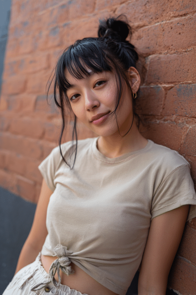 A young American female model with a warm skin tone and friendly expression, showcasing a knotted ponytail with asymmetrical bangs hairstyle. The hair is straight, natural black, styled in a knotted ponytail with uneven, asymmetrical bangs, set against an urban brick wall backdrop with minimal texture. She wears subtle makeup and a trendy casual outfit, captured in soft natural lighting for an Instagram-style beauty photo.