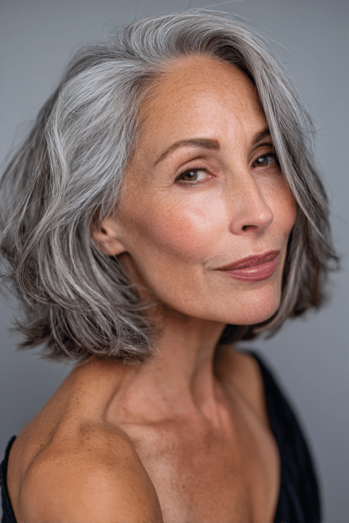 A vibrant American female model over 50 with a mature appearance, showcasing a youthful Layered Bob hairstyle with soft, textured layers for volume and movement, captured in a close-up shot focusing on the hair, photographed against a seamless soft lavender backdrop with a matte finish. She has subtle makeup with fine lines visible, an elegant outfit, realistic hair texture with possible silver strands, warm skin tone, and a friendly expression, captured with soft natural lighting and an Instagram-style beauty vibe.