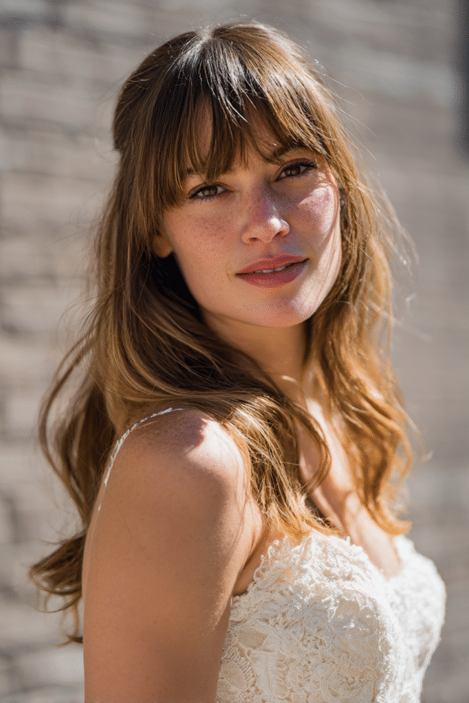 A gorgeous young American bride with a warm skin tone and friendly expression, showcasing layered look with face-framing bangs wedding hairstyle. The hair is layered medium length with soft face-framing bangs, colored light brown, styled elegantly. She is dressed in an elegant bridal gown, captured in soft natural lighting with subtle makeup, set against an urban brick wall backdrop with minimal texture for an Instagram-style beauty photo.