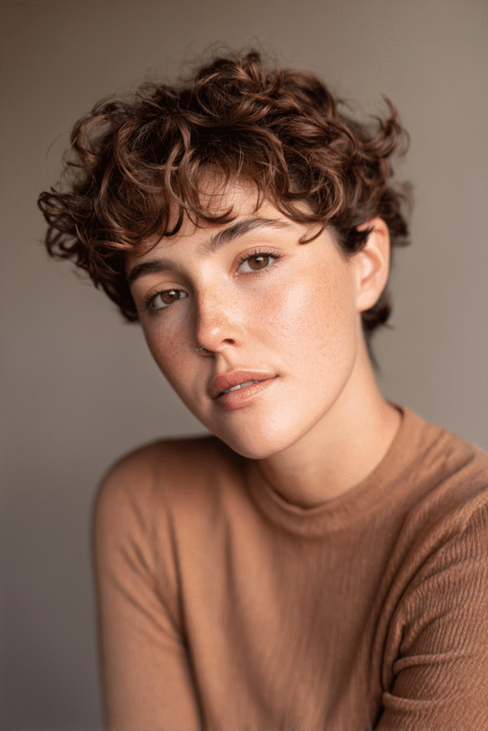 A vibrant young woman in her 20s with natural skin tone, showcasing a curly hairstyle for short hair with a layered pixie like Audrey Tautou, featuring soft curls with layered texture, captured in a close-up shot focusing on the hair, photographed against a seamless soft taupe backdrop with a satin finish. She has subtle makeup, a trendy full-sleeve outfit, realistic hair texture, warm skin tone, and a confident expression, captured with soft natural lighting and an Instagram-style beauty vibe.