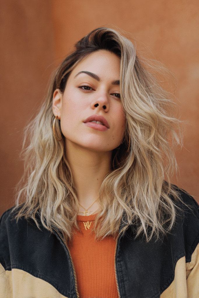 A vibrant female model in her 20s with shoulder-to-waist-length layered quick weave hair, styled with textured volume, captured in a close-up shot focusing on the hair, photographed against a seamless warm cinnamon backdrop with a silky finish. She has subtle makeup, a trendy outfit, a warm skin tone, and a confident expression, captured with warm natural lighting and a soft glow.