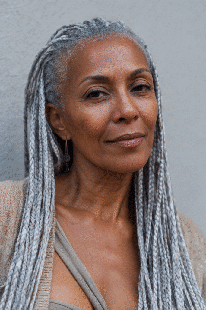 An elegant Black woman over 50 with a warm skin tone and friendly expression, showcasing long silver box braids hairstyle for older Black women over 50. The hair is silver, set against an urban brick wall backdrop with minimal texture. She wears subtle makeup and an elegant outfit suitable for mature women, captured in soft natural lighting for an Instagram-style beauty photo.