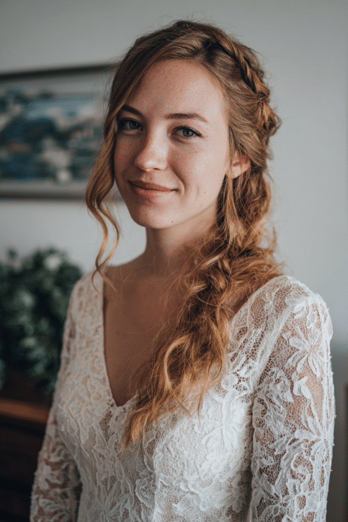 A gorgeous young Black American bride with a loose side braid and holly berry accents in a warm toffee shade, wearing an elegant full-length winter wedding dress with lace long sleeves, radiant expression, warm skin tone, against a seamless soft linen backdrop with a matte finish, festive holly details in a winter mood.