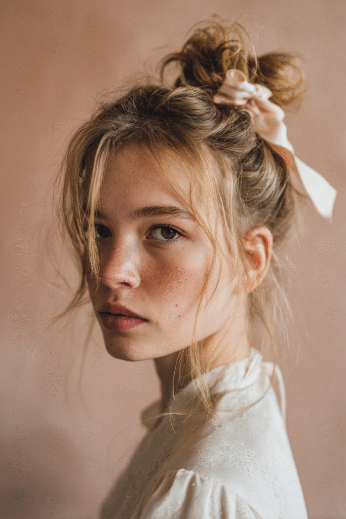 A stunning young female model in her 20s with natural skin tone, showcasing a messy bun hairstyle for wedding with a loose messy bun with ribbon tie, featuring a satin ribbon tied around the bun, captured in a close-up shot focusing on the hair, photographed against a seamless soft peach backdrop with a glossy sheen. She has subtle wedding makeup, an elegant full-sleeve wedding gown, realistic hair texture, warm skin tone, and a serene expression, captured with soft natural lighting and an Instagram-style beauty vibe.