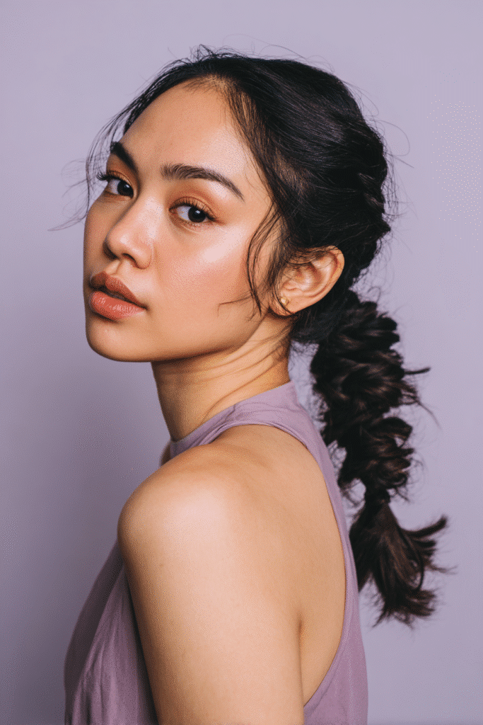 A stunning young woman in her 20s with natural skin tone, showcasing a homecoming hairstyle for medium hair with a low braided ponytail, featuring an intricate braid with medium-length hair, captured in a close-up shot focusing on the hair, photographed against a seamless soft lavender backdrop with a matte finish. She has subtle makeup, a chic homecoming dress, realistic hair texture, warm skin tone, and a confident expression, captured with soft natural lighting and an Instagram-style beauty vibe.