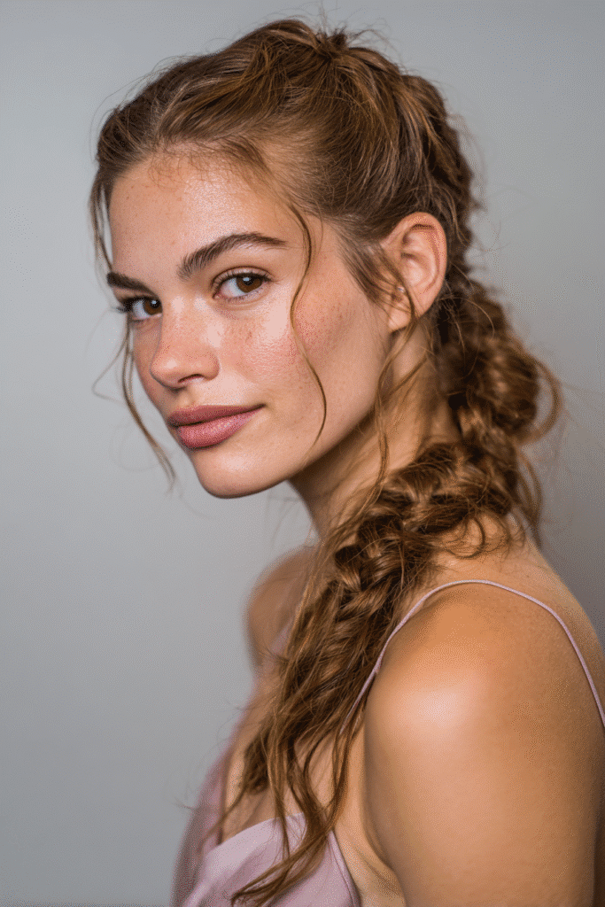 A stunning young woman in her 20s with natural skin tone, showcasing a homecoming hairstyle with a low braided ponytail, featuring an intricate braid, captured in a close-up shot focusing on the hair, photographed against a seamless soft lavender backdrop with a matte finish. She has subtle makeup, a chic homecoming dress, realistic hair texture, warm skin tone, and a confident expression, captured with soft natural lighting and an Instagram-style beauty vibe.