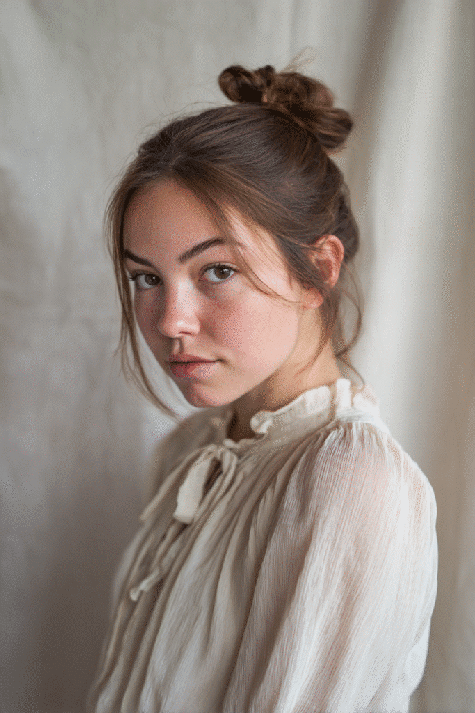 A gorgeous young woman with a natural look displaying a sleek low bun with center part and gel finish in a warm chestnut shade, wearing an elegant full-length dress with chiffon long sleeves, radiant expression, warm skin tone, against a seamless soft linen backdrop with a matte finish.