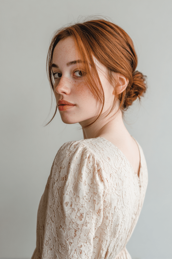A gorgeous young woman with a natural look displaying a sleek low chignon in a warm auburn shade, wearing an elegant full-length dress with lace long sleeves, radiant expression, warm skin tone, against a seamless soft linen backdrop with a matte finish.