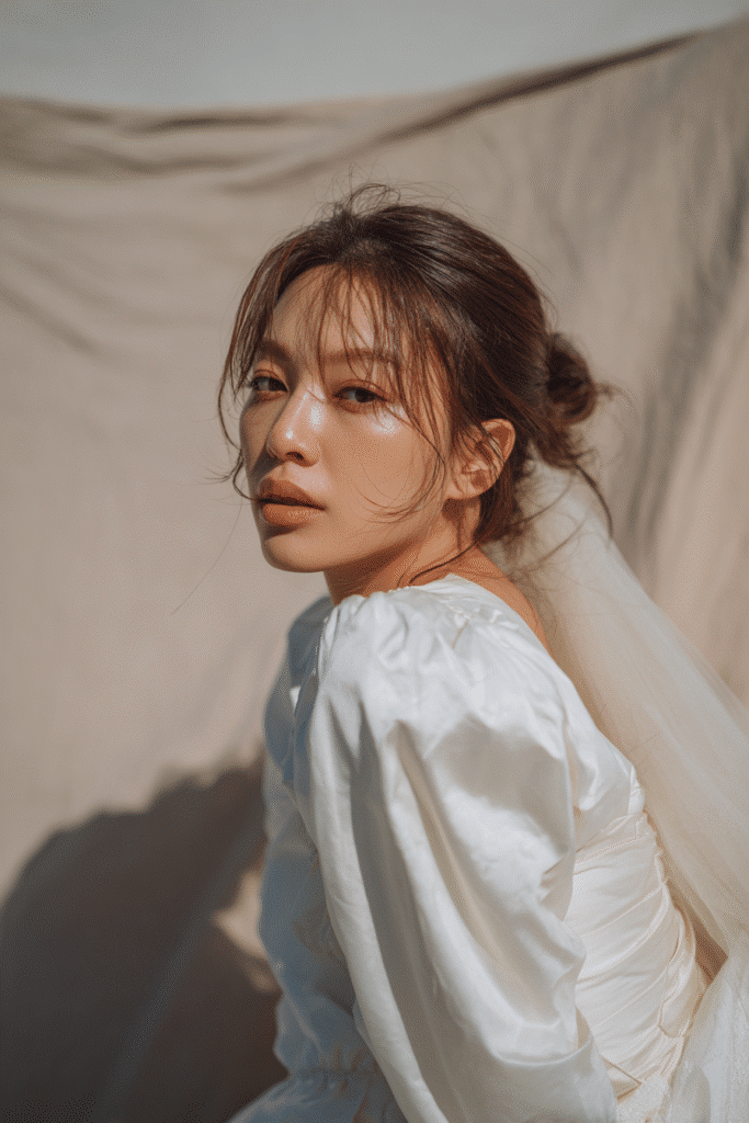 A gorgeous young bride with a natural look showcasing a sleek low chignon with a delicate veil attached in a soft blonde shade, wearing an elegant full-length wedding dress with taffeta long sleeves, radiant expression, warm skin tone, against a seamless soft linen backdrop with a matte finish.