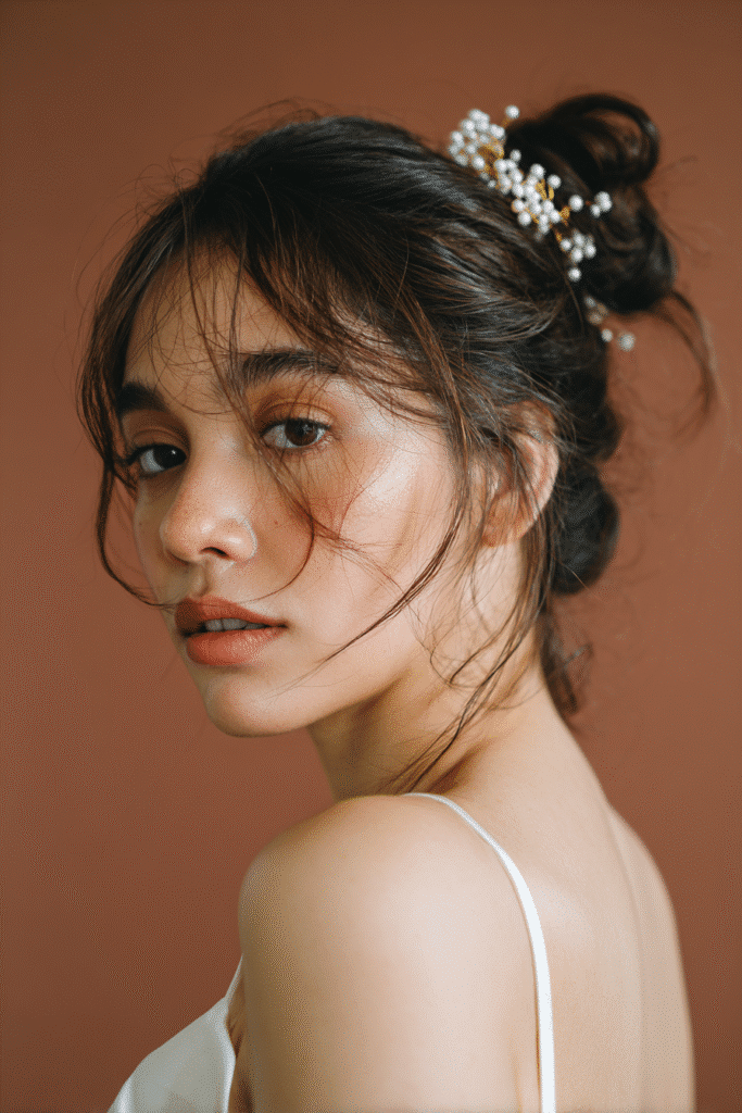 A stunning young female model in her 20s with natural skin tone, showcasing a messy bun hairstyle for wedding with a low messy bun with beaded hairpiece, featuring a decorative beaded hairpiece, captured in a close-up shot focusing on the hair, photographed against a seamless warm plum backdrop with a satin finish. She has subtle wedding makeup, an elegant full-sleeve wedding gown, realistic hair texture, warm skin tone, and a serene expression, captured with soft natural lighting and an Instagram-style beauty vibe.