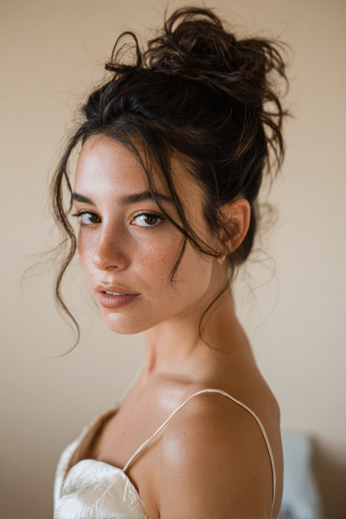 A stunning young female model in her 20s with natural skin tone, showcasing a messy bun hairstyle for wedding with a low messy bun with face-framing strands, featuring soft strands around the face, captured in a close-up shot focusing on the hair, photographed against a seamless soft ivory backdrop with a satin finish. She has subtle wedding makeup, an elegant full-sleeve wedding gown, realistic hair texture, warm skin tone, and a serene expression, captured with soft natural lighting and an Instagram-style beauty vibe.