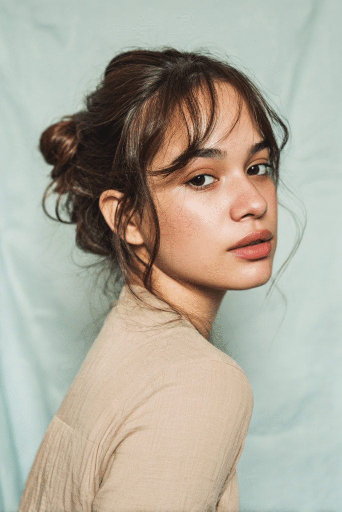A vibrant young female model in her 20s with natural skin tone, showcasing a 90s messy updo with a low messy bun with face-framing strands, featuring loose strands around the face, captured in a close-up shot focusing on the hair, photographed against a seamless soft mint backdrop with a silky texture. She has subtle makeup, a retro full-shirt 90s outfit, realistic hair texture, warm skin tone, and a friendly expression, captured with soft natural lighting and an Instagram-style beauty vibe.