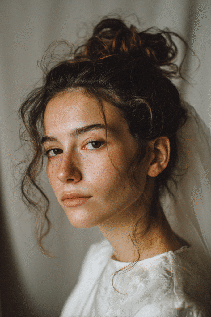 A stunning young female model in her 20s with natural skin tone, showcasing a messy bun hairstyle for wedding with a low messy bun with veil placement, featuring a delicate veil attached to the bun, captured in a close-up shot focusing on the hair, photographed against a seamless soft pearl backdrop with a glossy sheen. She has subtle wedding makeup, an elegant full-sleeve wedding gown, realistic hair texture, warm skin tone, and a serene expression, captured with soft natural lighting and an Instagram-style beauty vibe.