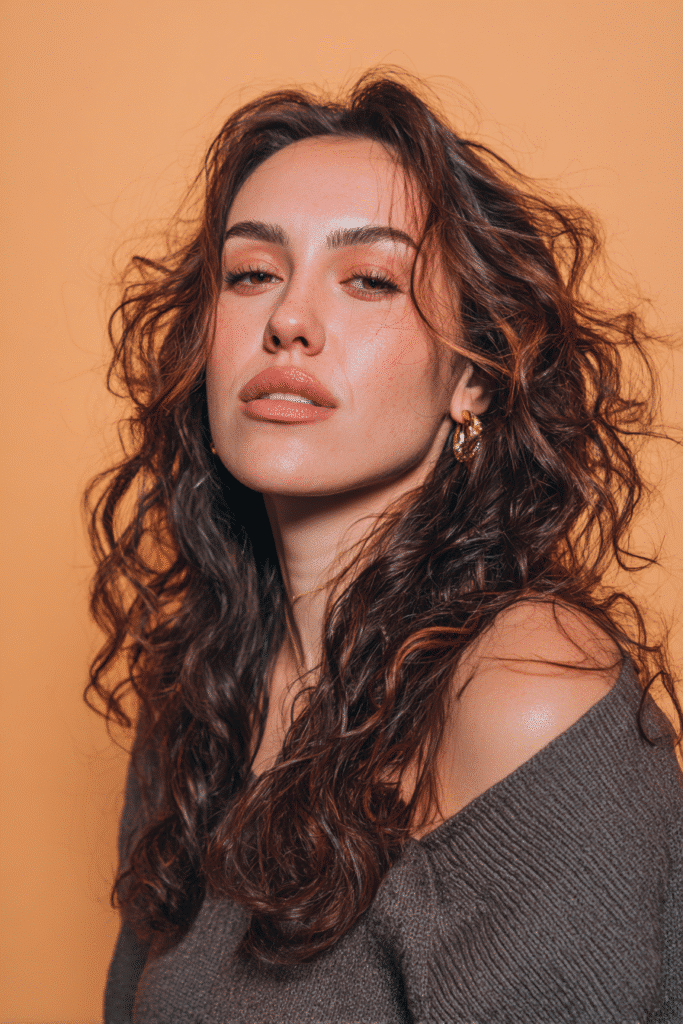 A vibrant female model in her 20s with shoulder-to-waist-length hair, styled in a mahogany balayage with deep red-brown highlights, captured in a close-up shot focusing on the hair, photographed against a seamless warm peach backdrop with a matte finish. She has subtle makeup, a trendy outfit, a warm skin tone, and a confident expression, captured with warm natural lighting and a soft glow.