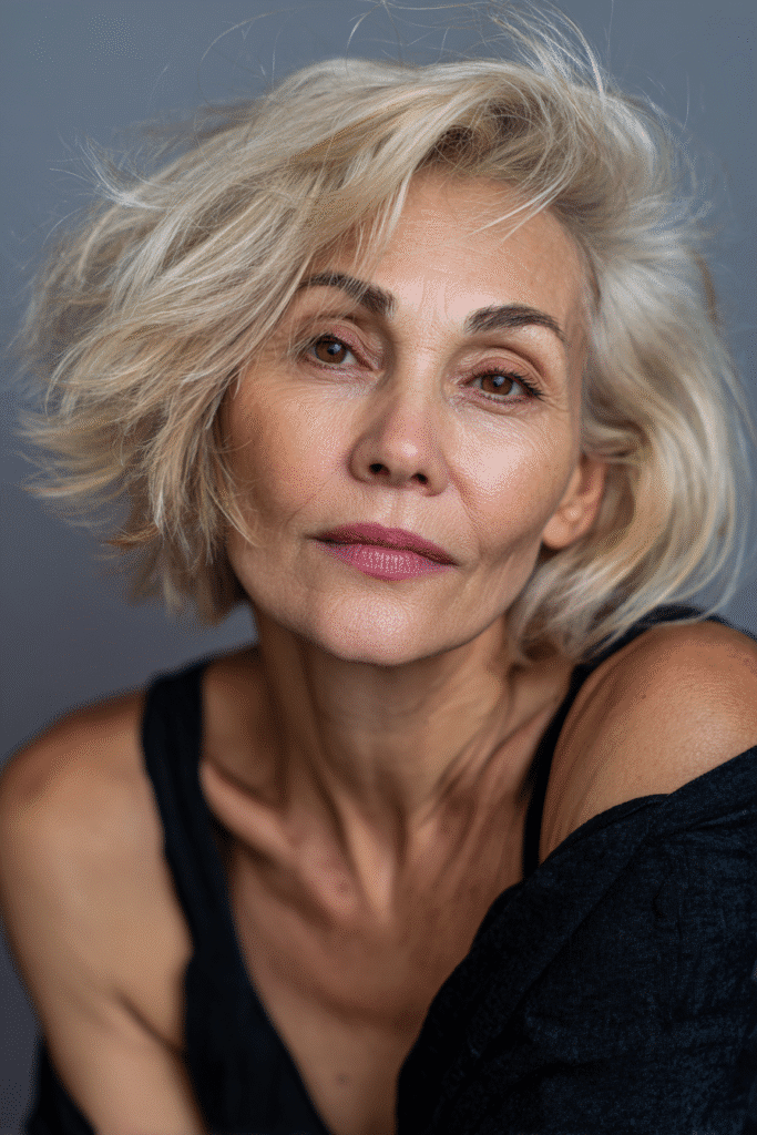 A vibrant American female model over 70 with a distinctly older appearance, showcasing a Blonde Hairstyle For Women Over 70 with a messy bob and warm blonde lowlights with silver undertones, captured in a close-up shot focusing on the hair, photographed against a seamless warm violet backdrop with a matte finish. She has subtle makeup with deeper wrinkles visible, an elegant outfit, realistic hair texture, warm skin tone, and a friendly expression, captured with soft natural lighting and an Instagram-style beauty vibe.