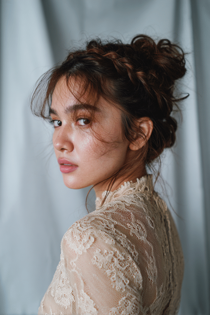 A stunning young female model in her 20s with natural skin tone, showcasing a messy bun hairstyle for wedding with a messy bun with crown braid detail, featuring a delicate crown braid around the bun, captured in a close-up shot focusing on the hair, photographed against a seamless light silver backdrop with a smooth texture. She has subtle wedding makeup, an elegant full-sleeve wedding gown, realistic hair texture, warm skin tone, and a serene expression, captured with soft natural lighting and an Instagram-style beauty vibe.