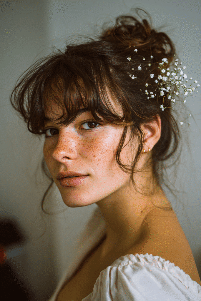 A gorgeous young female model in her 20s with natural skin tone, showcasing a prom hairstyle for short hair with a messy bun and floral accessories, featuring romantic floral accents, captured in a close-up shot focusing on the hair, photographed against a seamless light coral backdrop with smooth texture. She has subtle makeup, an elegant full-shirt prom dress, realistic hair texture, warm skin tone, and a friendly expression, captured with soft natural lighting and an Instagram-style beauty vibe.