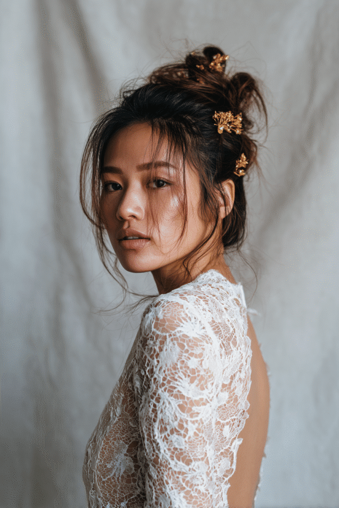A gorgeous young bride with a natural look featuring a textured messy bun with decorative hair pins in a warm golden shade, wearing an elegant full-length wedding dress with lace long sleeves, radiant expression, warm skin tone, against a seamless soft linen backdrop with a matte finish.