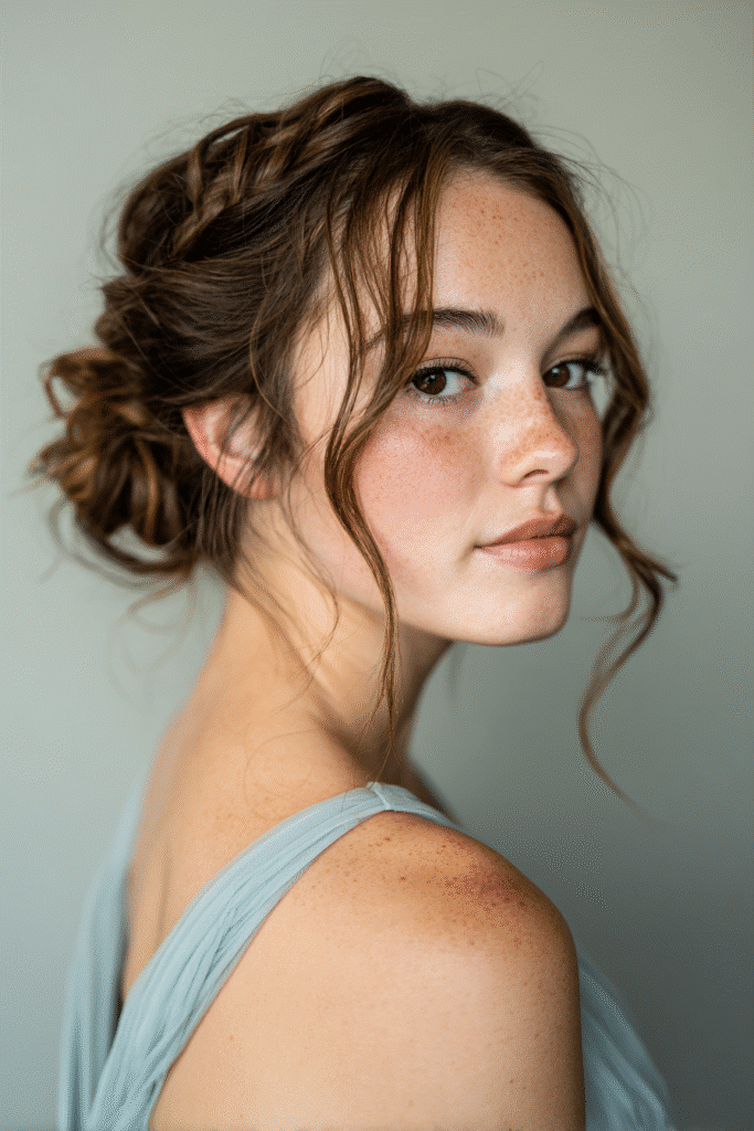 A stunning young female model in her 20s with natural skin tone, showcasing a messy bun hairstyle for wedding with a messy bun with side braid and tendrils, featuring a side braid and loose tendrils, captured in a close-up shot focusing on the hair, photographed against a seamless light sage backdrop with a smooth texture. She has subtle wedding makeup, an elegant full-sleeve wedding gown, realistic hair texture, warm skin tone, and a serene expression, captured with soft natural lighting and an Instagram-style beauty vibe.