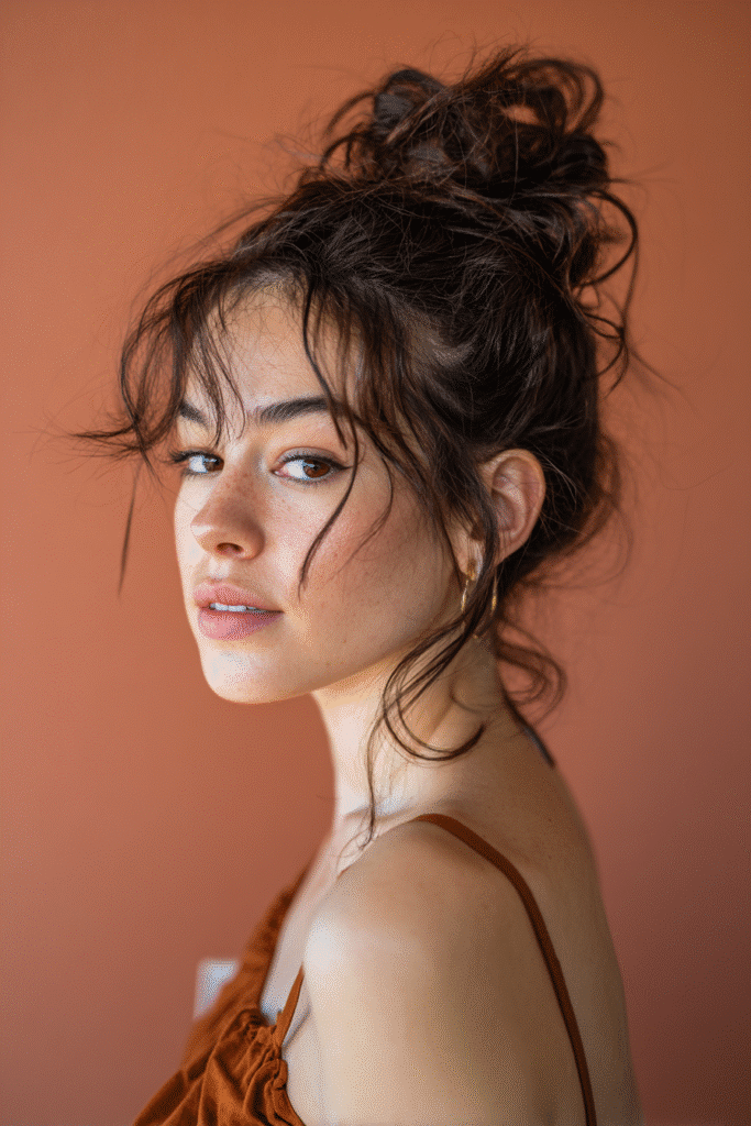 A stunning young woman in her 20s with natural skin tone, showcasing a homecoming hairstyle for medium hair with a messy bun with volume, featuring a high messy bun with added volume and loose strands using medium-length hair, captured in a close-up shot focusing on the hair, photographed against a seamless warm coral backdrop with a smooth texture. She has subtle makeup, a chic homecoming dress, realistic hair texture, warm skin tone, and a confident expression, captured with soft natural lighting and an Instagram-style beauty vibe.