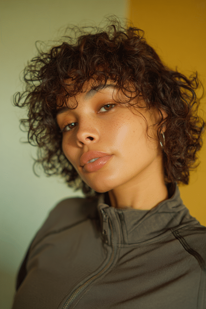 A vibrant young woman in her 20s with natural skin tone, showcasing a curly hairstyle for short hair with a messy crop with volume, featuring voluminous, messy curls, captured in a close-up shot focusing on the hair, photographed against a seamless warm sage backdrop with a glossy sheen. She has subtle makeup, a trendy full-sleeve outfit, realistic hair texture, warm skin tone, and a confident expression, captured with soft natural lighting and an Instagram-style beauty vibe.