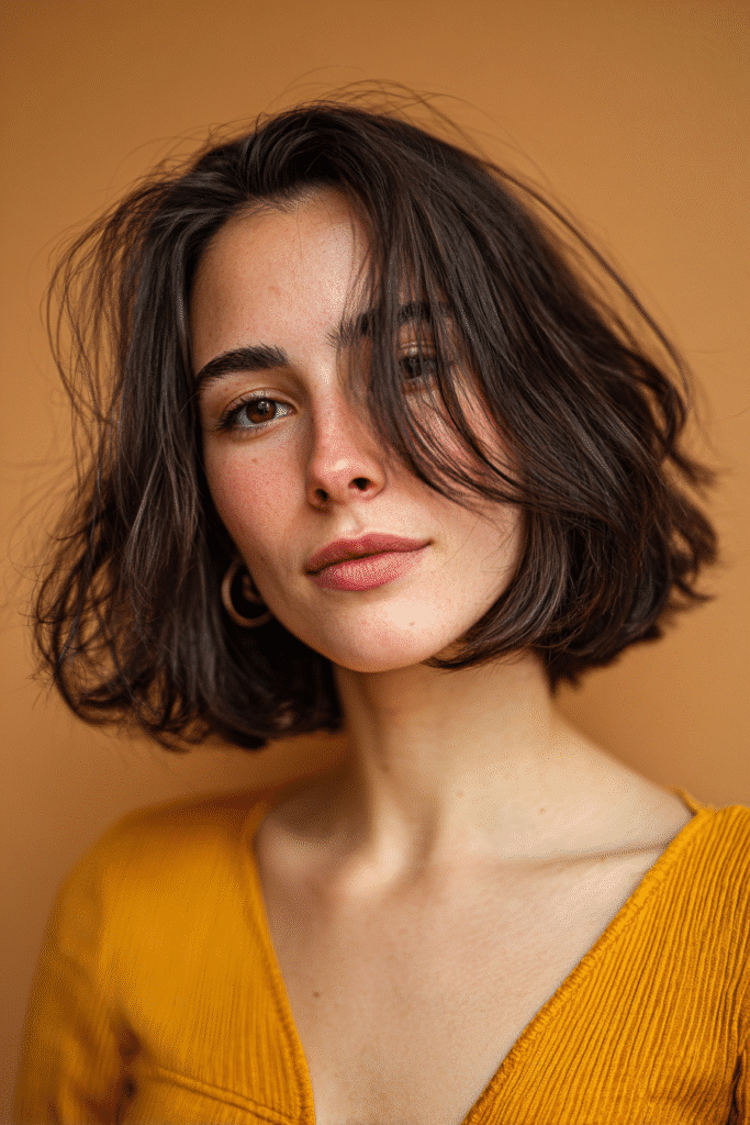 A vibrant American female model with thin hair, showcasing a Bob Cut For Thin Hair with a messy textured bob and shadow roots for a bold look, captured in a close-up shot focusing on the hair, photographed against a seamless warm cinnamon backdrop with a silky finish. She has subtle makeup, an elegant outfit, realistic hair texture, warm skin tone, and a friendly expression, captured with soft natural lighting and an Instagram-style beauty vibe.