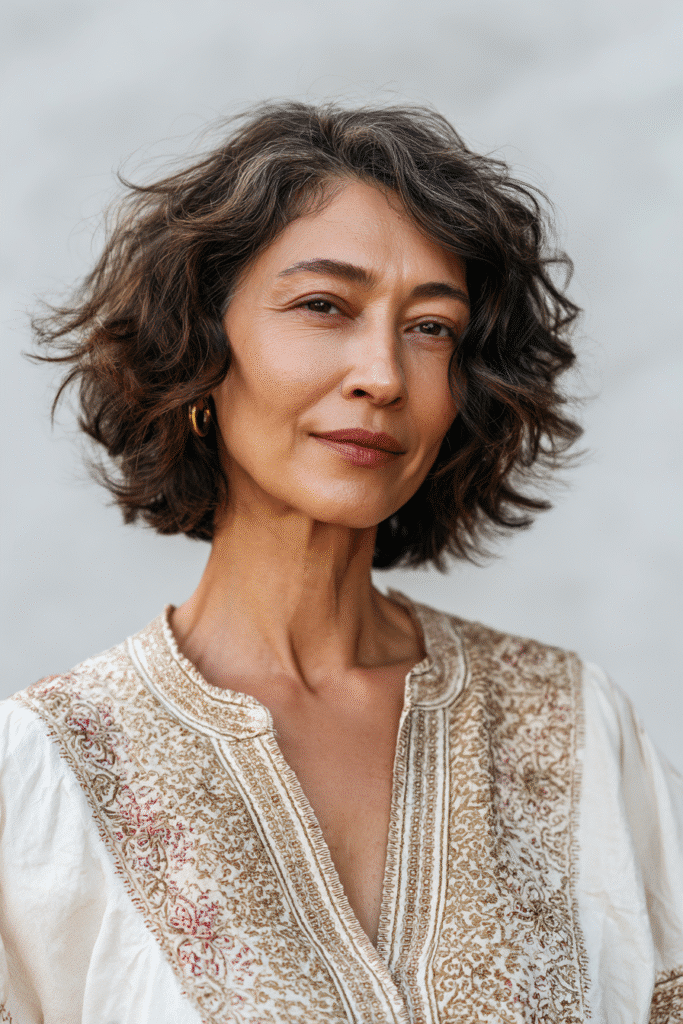 An elegant woman over 50 with a warm skin tone and inspiring expression, showcasing Michelle Obama's wavy bob hairstyle for bob hairstyles for women over 50. The hair is a loose wavy bob with movement, colored natural black, styled with a wool blend blazer. Captured in soft natural lighting with subtle makeup, set against a seamless white backdrop with minimal texture for an Instagram-style beauty photo.