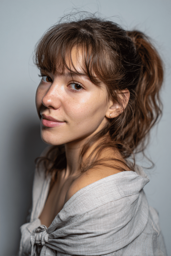 A young American female model with a warm skin tone and friendly expression, showcasing a mid-level ponytail with wispy side-swept bangs hairstyle. The hair is straight, natural brown, styled in a mid-level ponytail with soft, wispy side-swept bangs, set against a soft gray fabric backdrop with minimal texture. She wears subtle makeup and a trendy casual outfit, captured in soft natural lighting for an Instagram-style beauty photo.
