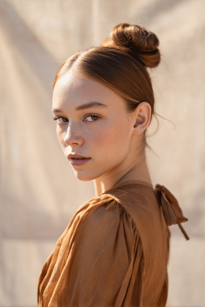 A gorgeous young woman with a natural look displaying a sleek middle-part bun in a warm golden brown shade, wearing an elegant full-length dress with chiffon long sleeves, radiant expression, warm skin tone, against a seamless soft linen backdrop with a matte finish.