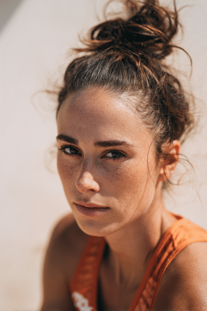 A vibrant female athlete in her 20s with short hair, styled in a mini bun for secure movement, captured in a close-up shot focusing on the hair, photographed against a seamless soft ivory backdrop with a satin finish. She has subtle makeup, a volleyball uniform, a warm skin tone, and a confident expression, captured with bright natural lighting and a sporty vibe.